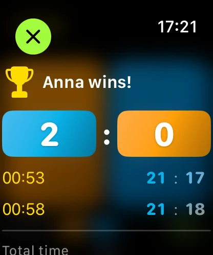 Match summary with game scores on Apple Watch
