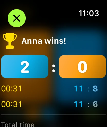 Match summary with game scores on Apple Watch