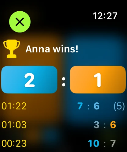Match summary with set scores on Apple Watch