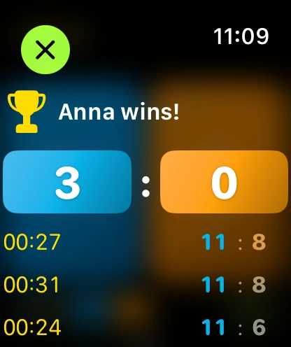 Match summary with game scores on Apple Watch
