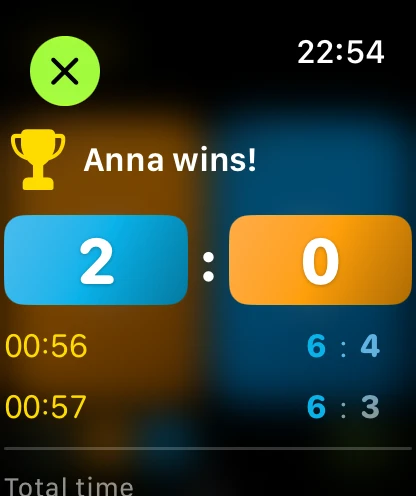 Match summary with set scores on Apple Watch